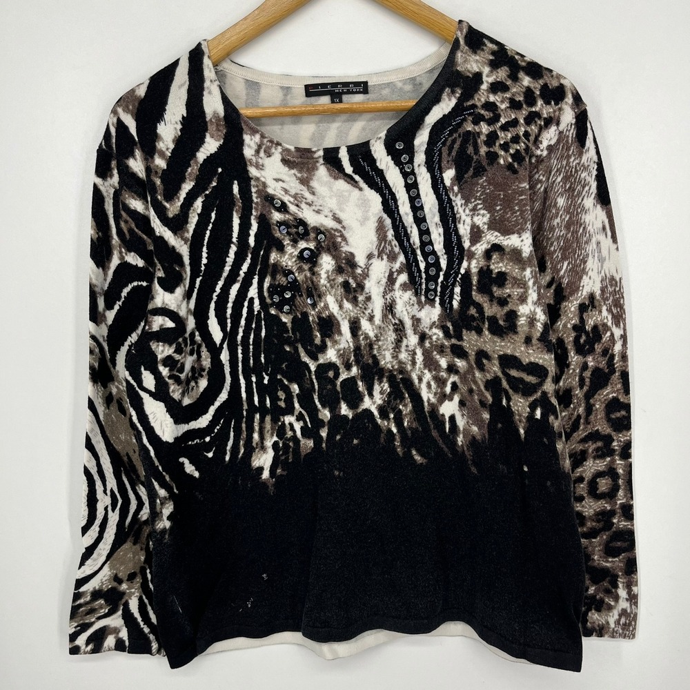 Pierri New York Womens 1X Animal Print Sequin Long Sleeve Top Black Vtg Y2K
